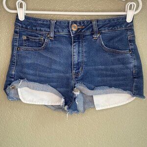 American Eagle Women's Blue Denim Hi Rise Shortie Shorts size 10 Super Stretch